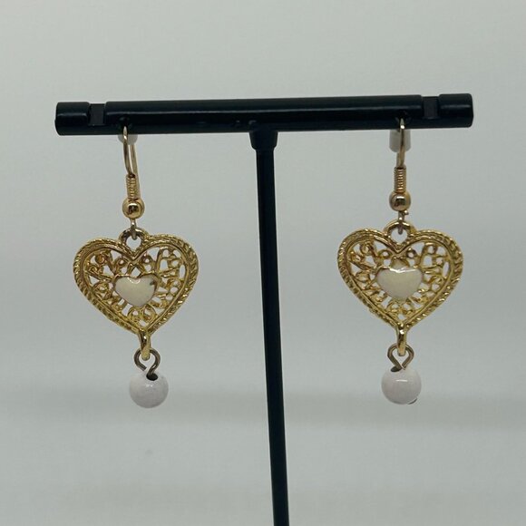 Vintage Gold-Tone Heart Drop Earrings With White Accents & Filigree Design - Picture 16 of 16